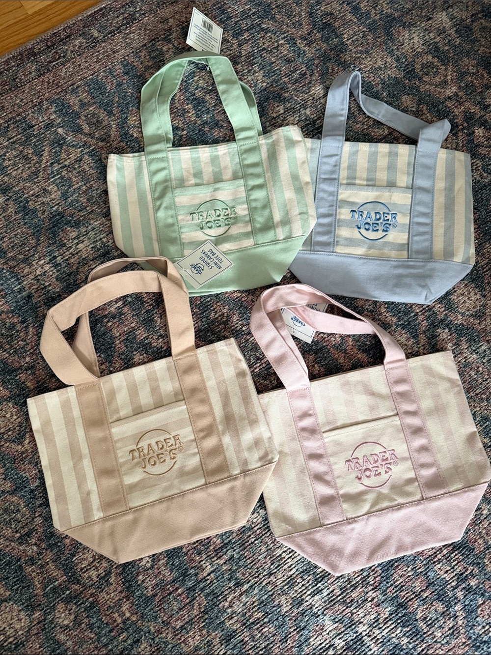 4 Trader Joe’s mini bags Pastel Stripe Tote Bag - Pink, Green, Blue, Tan NWT